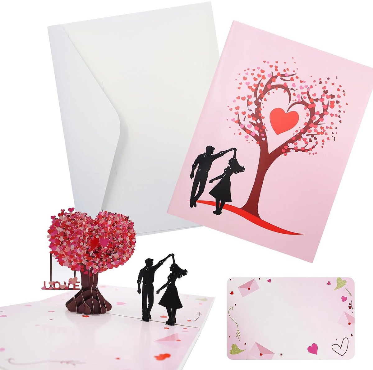 Huwelijkscadeau, bruiloftskaart, 3D, verjaardagskaart, liefde, 3D liefdesboom, pop-up kaart, bruiloftkaart, bruiloft met enveloppekaart voor Valentijnsdag, verloving, bruiloft, trouwdag (rood)
