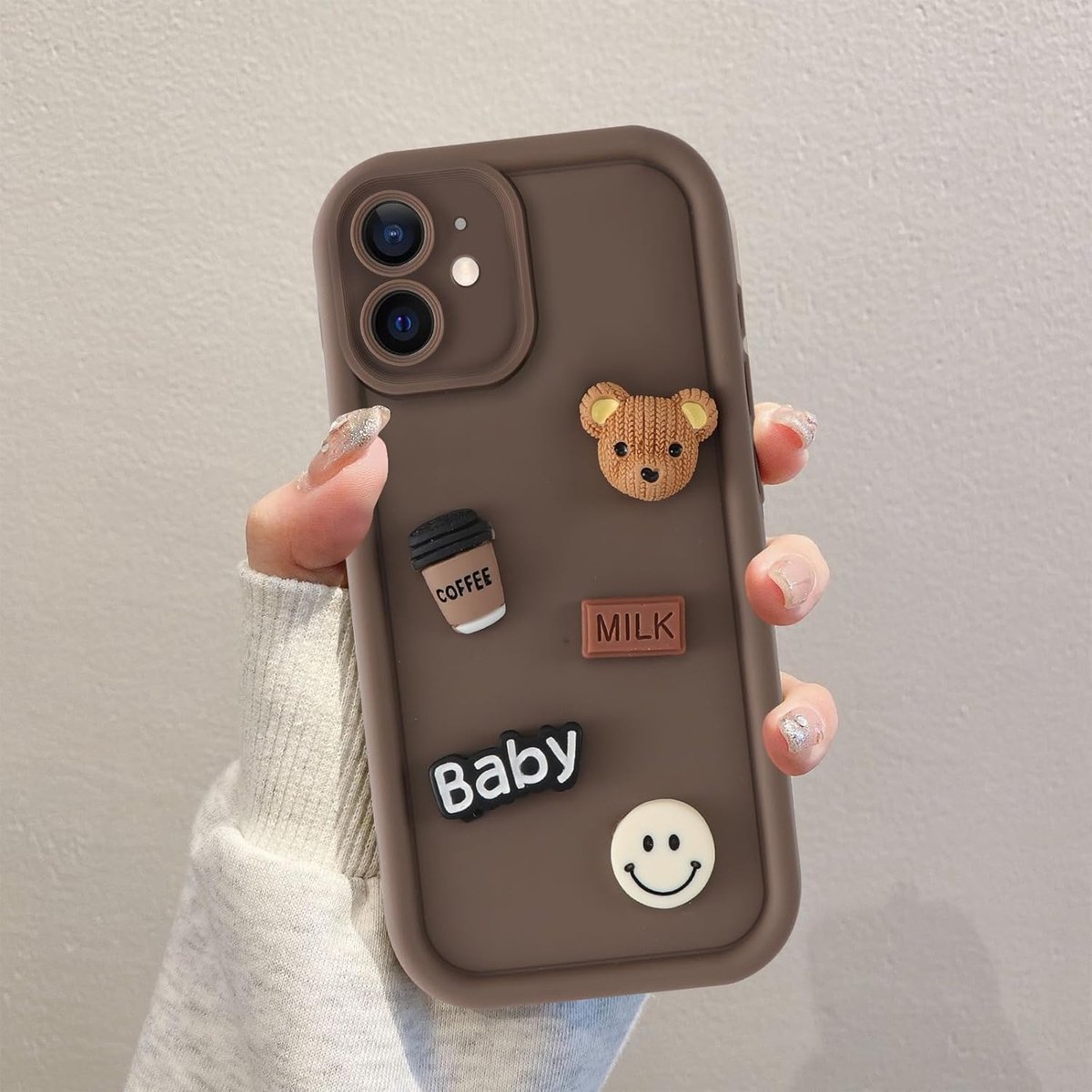 Hoes voor mobiele telefoon voor iPhone 11, 6,1 inch, esthetisch 3D-teddybeer-patroon, koffiekleur, zachte thermoplastische polyurethanen, siliconen, schokbestendig, camerabescherming
