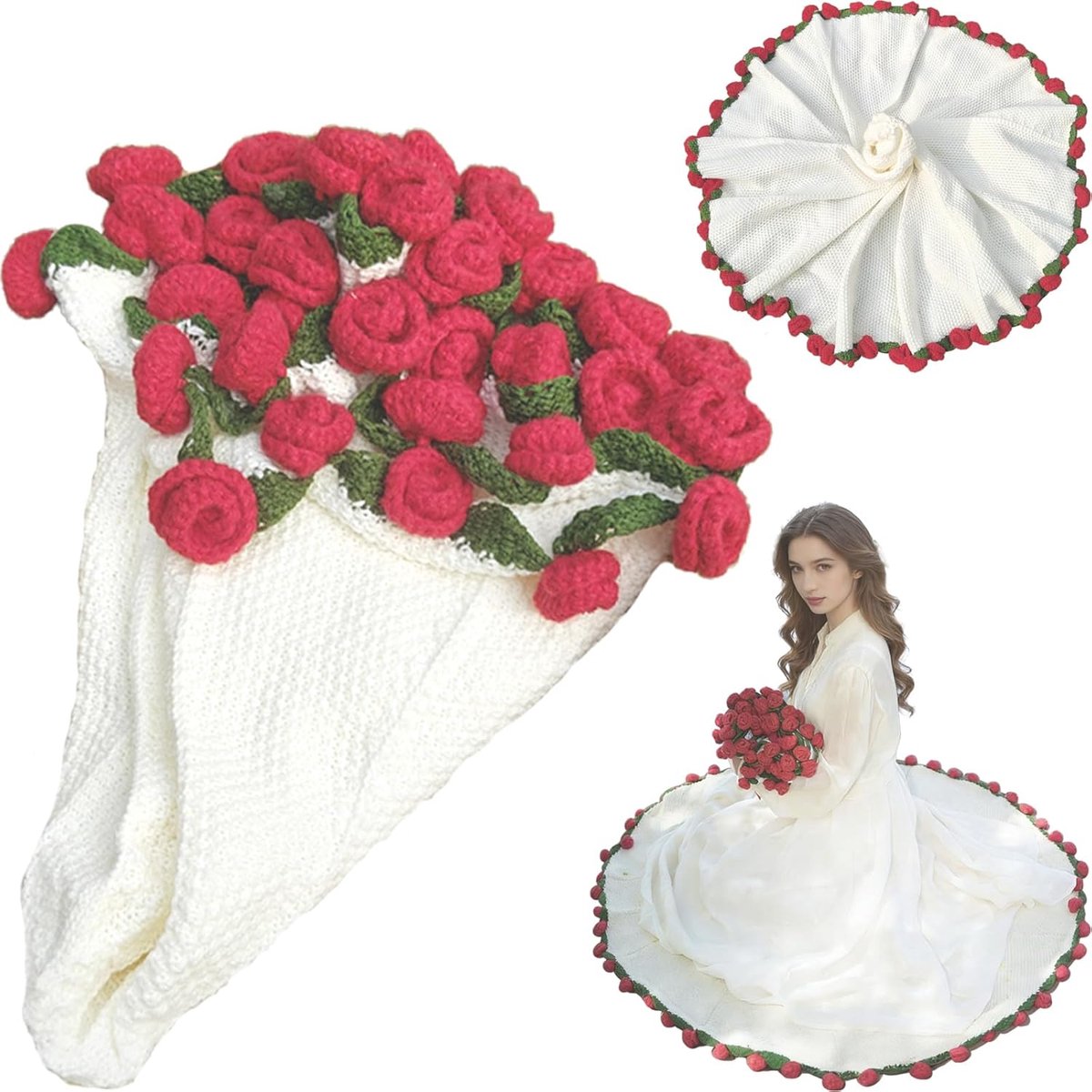 gehaakt rozenboeket bloemendeken, handgemaakt gehaakt boeket bankdeken, romantische rozendeken, bloemenboeket voor bruiloft, verjaardag, Moederdag (ROSEONWIT, 110 cm)