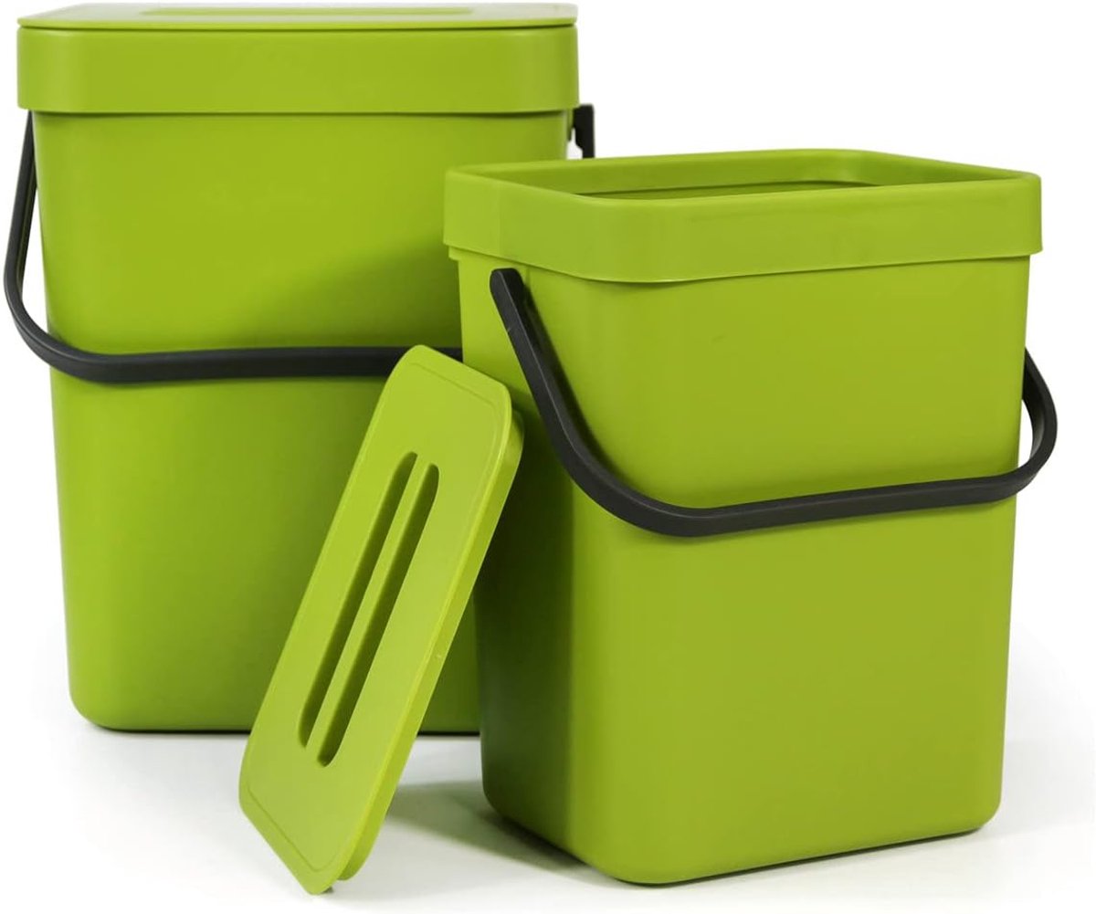 Biologische afvalemmer keuken - Compostbak set - Dagelijks afval scheiden - Ophangbaar met deksel - 5L + 3L - Groen