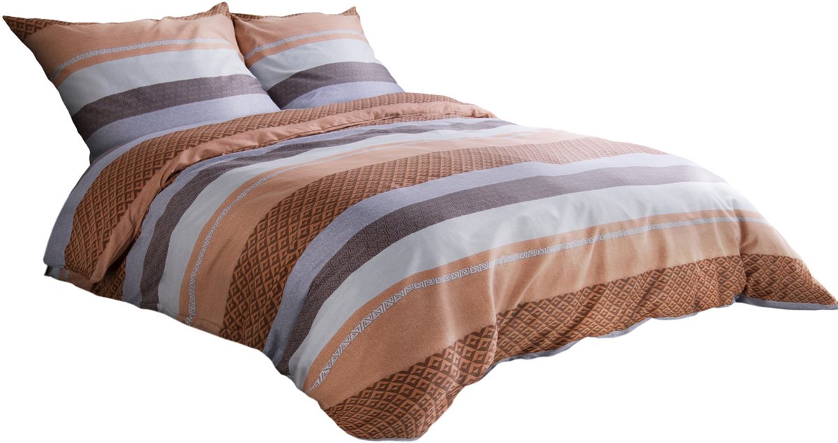 Darymex Exclusive Mia Dekbedovertrek 160x200 cm - Oranje / Bruin / Beige - Gestreept - Met Ritssluiting - Met 2 Kussenslopen 70x80 cm