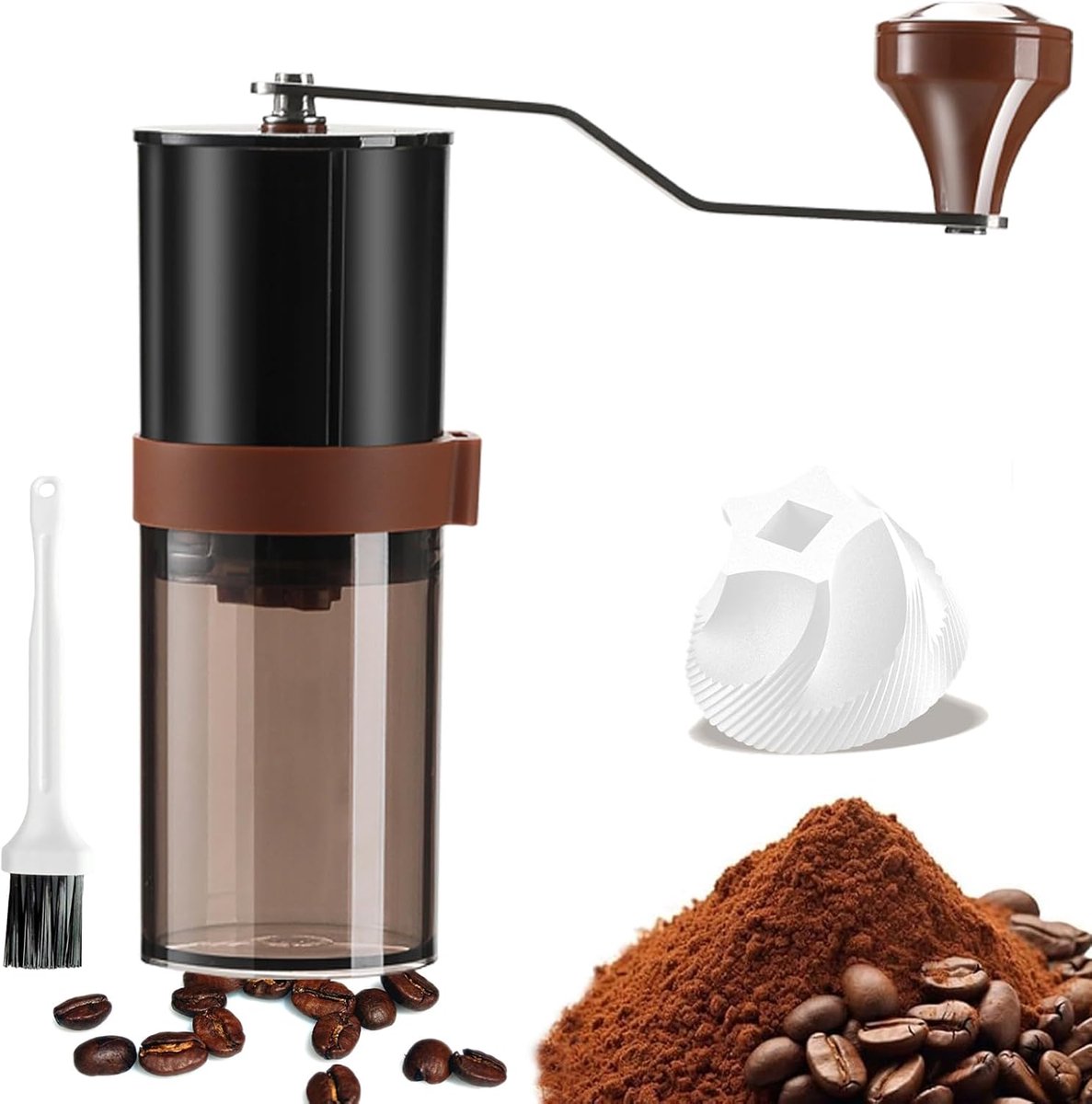 KZQ handmatige koffiemolen - Keramische maalsteen, instelbare maalgraad - Lichtgewicht en draagbaar, compact - Geschikt voor espresso, French press, kamperen en reizen - Capaciteit: 30 g - Bruin - Inclusief schoonmaakborstel
