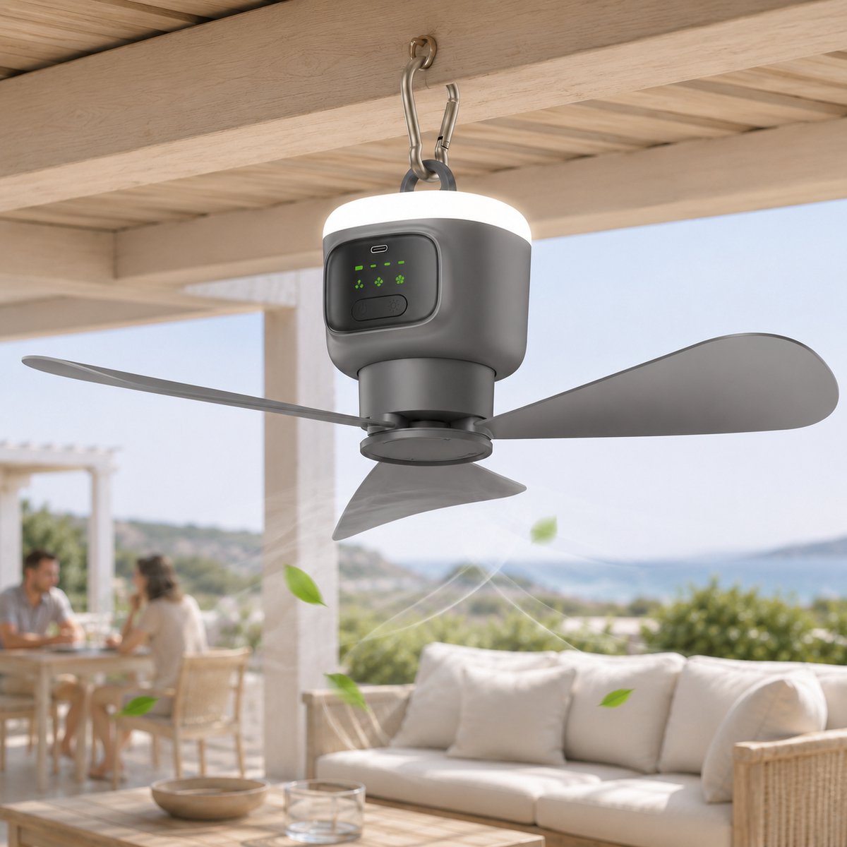 Lapamax Oplaadbare Hangventilator met Lamp - 12.000 mAh - 4 Snelheden - Afstandsbediening en Timer - Campingventilator voor Tent en Camper - Grijs - Ø 45 cm