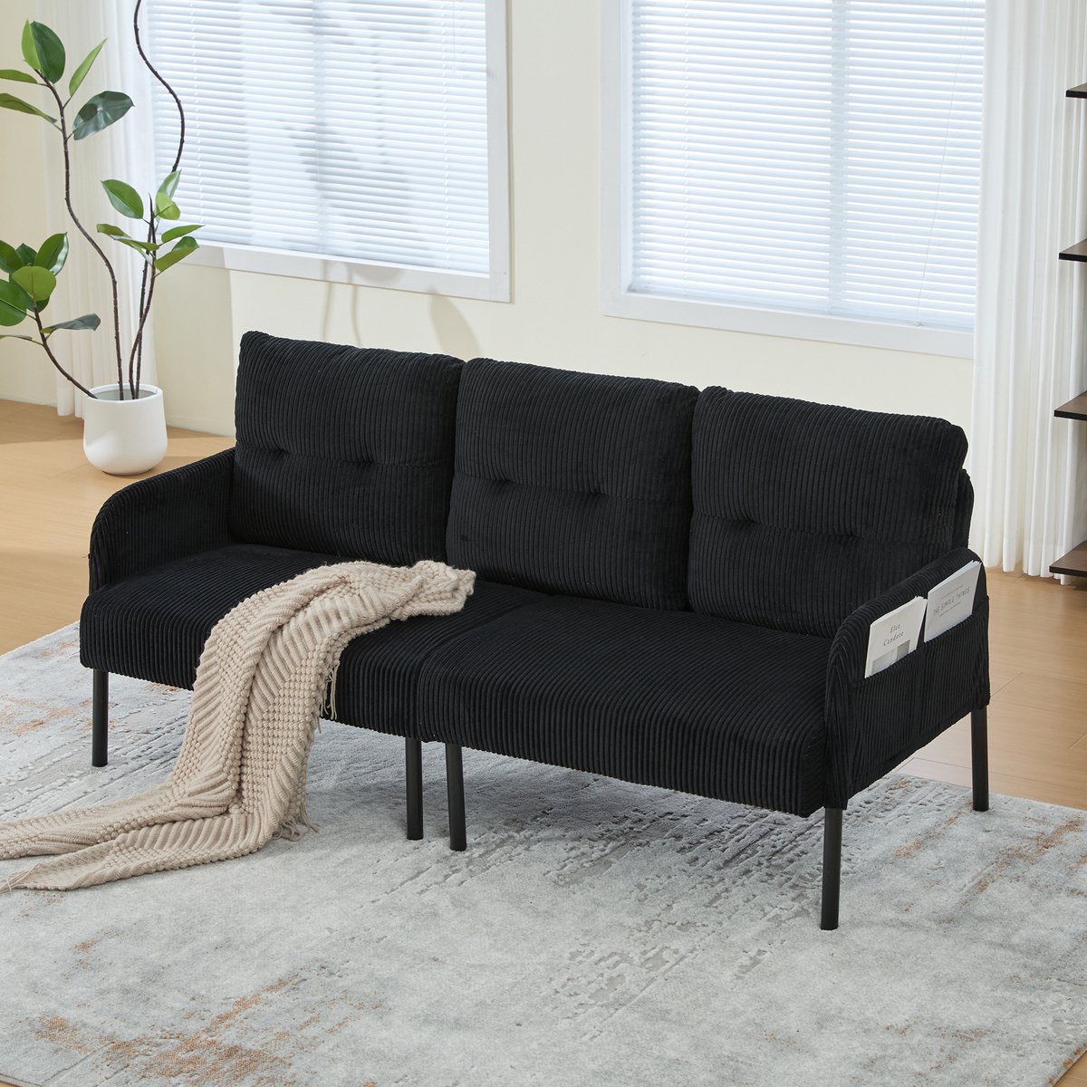 MODENUIT Zitbank 171 cm - 3-Zits Met Zijvak En Hoge Rugleuning - Voor Woonkamer Of Slaapkamer - Cord Zwart