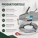 Zilverkleurige kabeltakel van aluminium, 20m kabel met rode hijshaak, pen, bedieningshendel. "20 m speciaal touw op handrol".