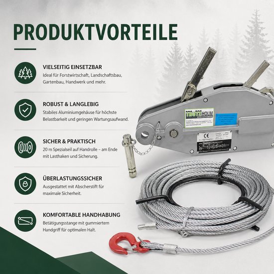 Zilverkleurige kabeltakel van aluminium, 20m kabel met rode hijshaak, pen, bedieningshendel. "20 m speciaal touw op handrol".