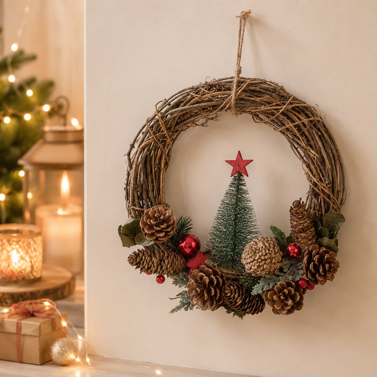 Rotan Kerstkrans Ø 30 x 8 cm – Ronde Deurkrans met Kerstboom, Dennenappels en Sneeuw – Kerstdecoratie voor Binnen en Buiten – Rood, Groen en Naturel – foto 5