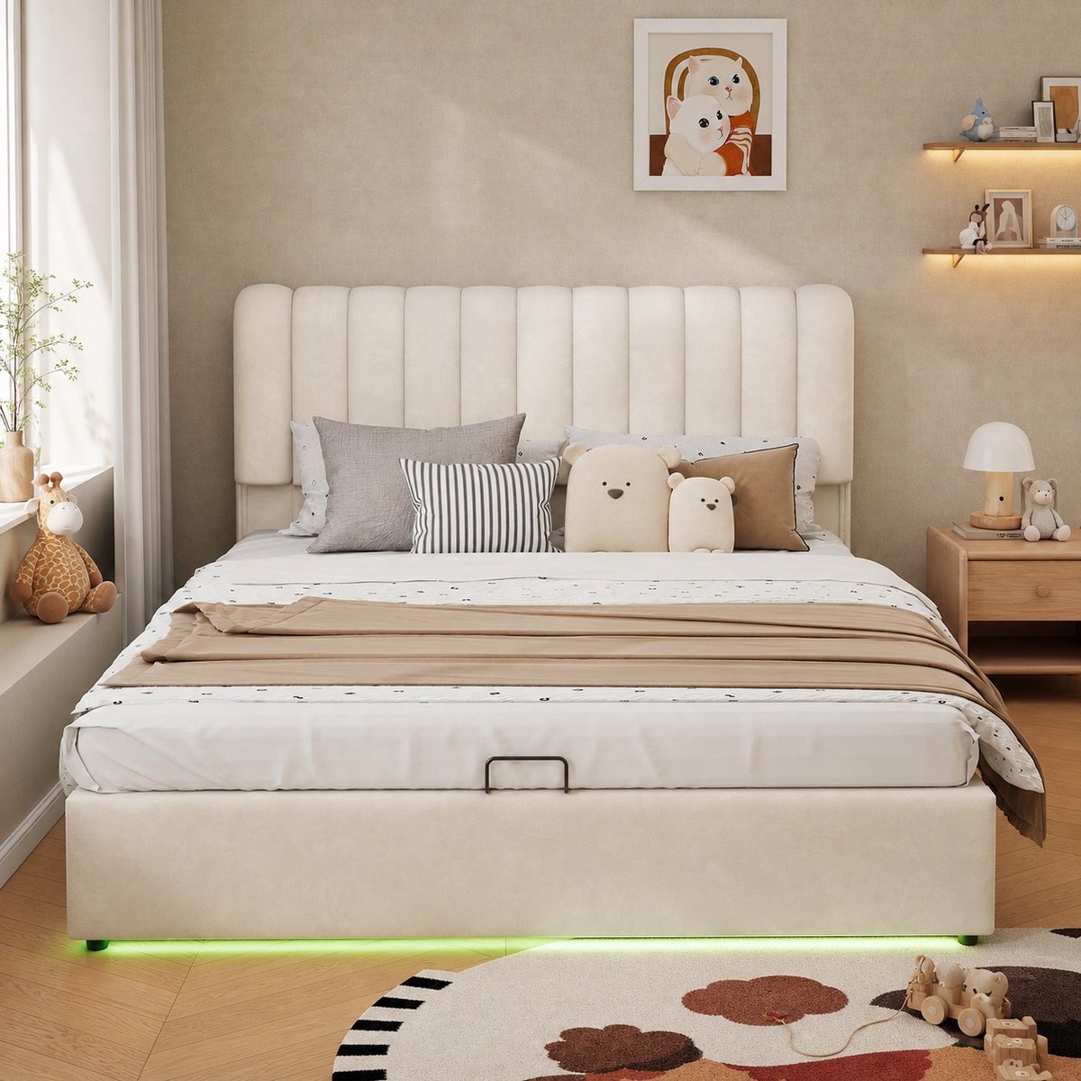 COVREO Bed 140x200 cm beige, stof met opbergruimte, 3 lades en LED