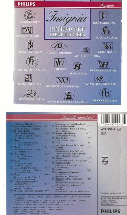 Philips Insignia Repertoire Highlights klassieke muziek compilatie met namen van artiesten en titels van composities.
