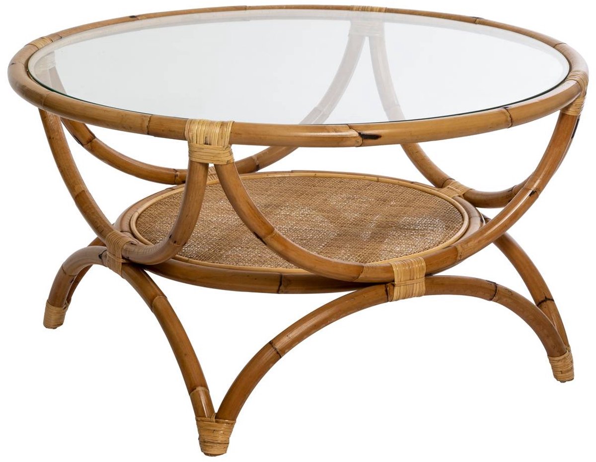 FARAH salontafel van rotan met blad van gehard glas