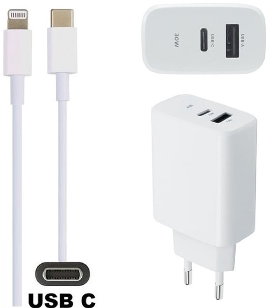 30W super snellader met 2 poorten en screenprotector + 1,2m USB C naar Lightning kabel. PD lader. Universele oplader adapter. Glazen screenprotector past op Apple iPhone 13 Pro Max & iPhone 14 Plus