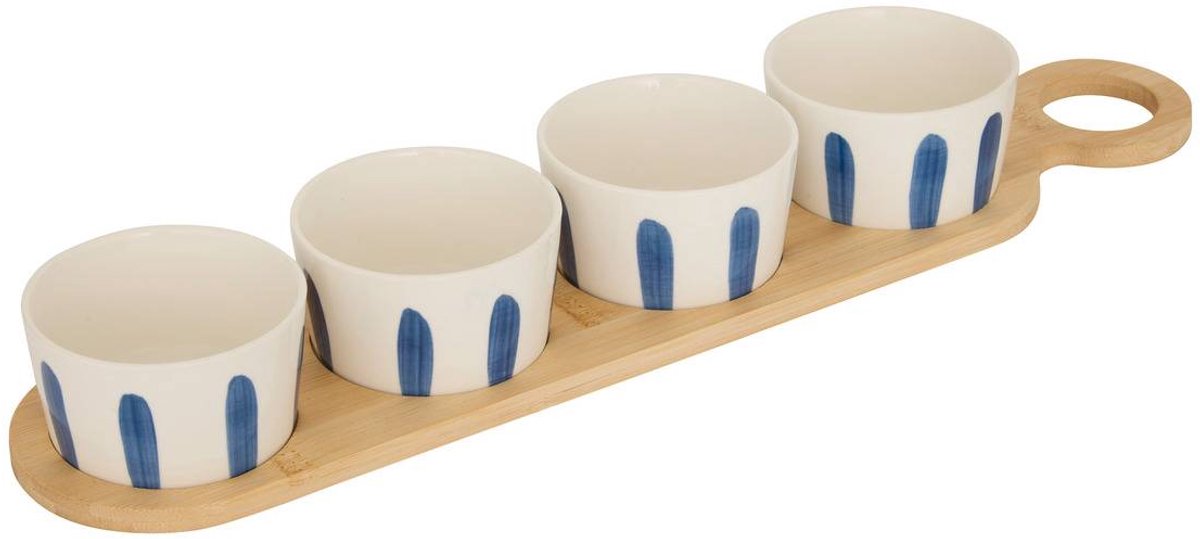 Aperitiefset met bamboe dienblad en 4 gestreepte schaaltjes OCEANIA