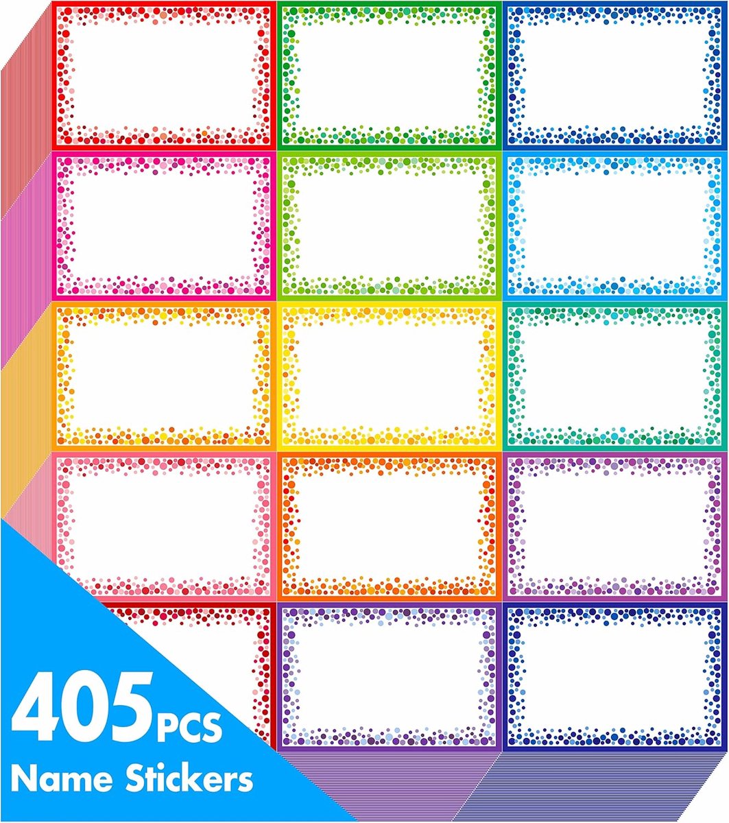 SnelShoppen - Pack van 405 Naamplaat Stickers, Kleurrijke Permanente Plaklabels, Schrijfbaar voor School, Kantoor, Thuis, 7.5 x 5 cm, Met Perforatieli