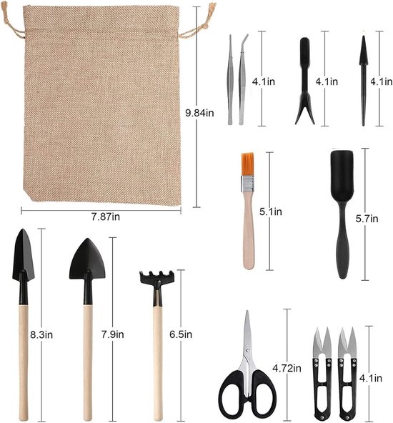 SnelShoppen - 12-delige mini tuin gereedschapset voor plantenverzorging, bonsai en succulenten, inclusief handtransplantatietools, terrariumaccessoire — afbeelding 5