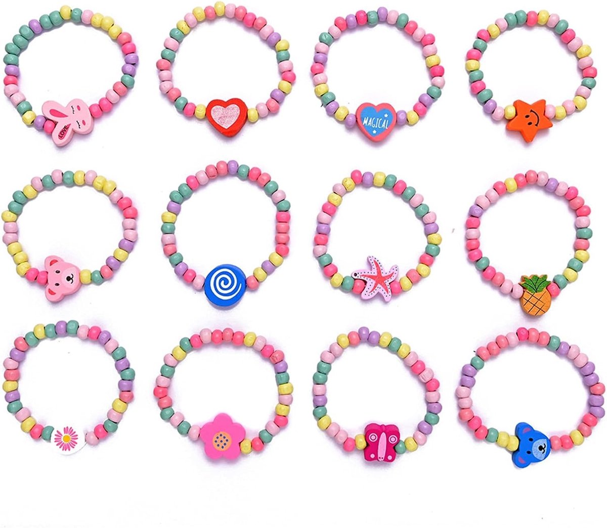 Kleurrijke houten vriendschapsarmbanden voor meisjes - 12-delige set met parels, dieren en bloemen - Kinderjuwelen voor creatief plezier