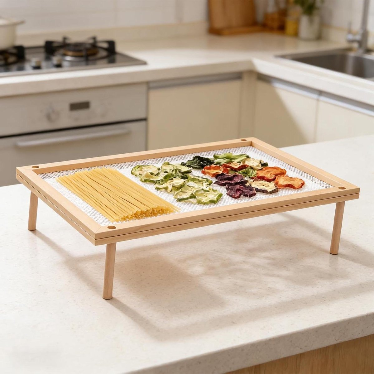 Houten Pasta Droogrek - Voedseldrogerstandaard - Pasta Drogen - Verbeterde Luchtstroom - 41 x 29 x 3 cm - Houtkleur