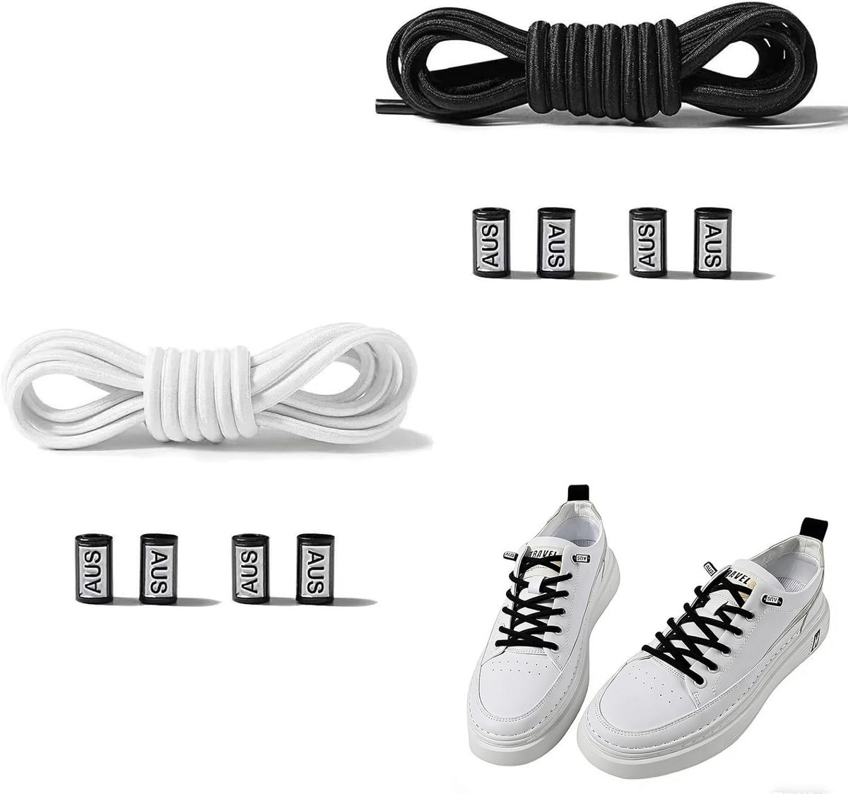 2 Pairs of Elastic Shoelaces, Flat No-Tie Shoelaces, 7 mm, Black and White, for Adults and Children, Easy to Install - ShopVlot