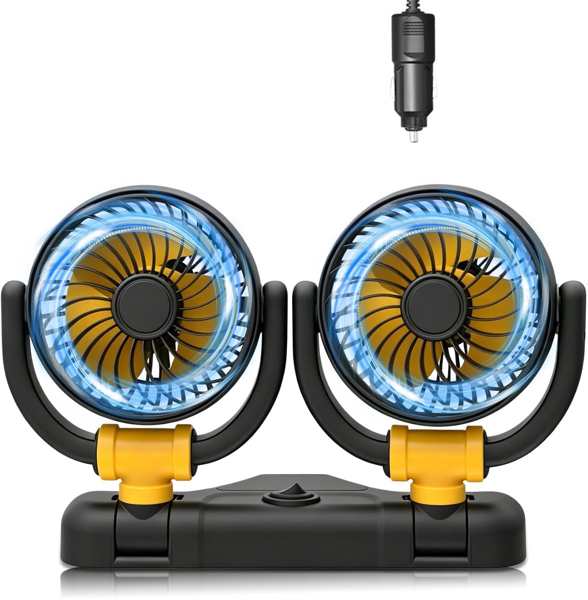SnelShoppen - Autoventilator 12V, 360° Draaibaar, Stille Dubbele Ventilator met 2 Snelheden voor Vrachtwagen, Bestelwagen, SUV en Camper, Inclusief Si