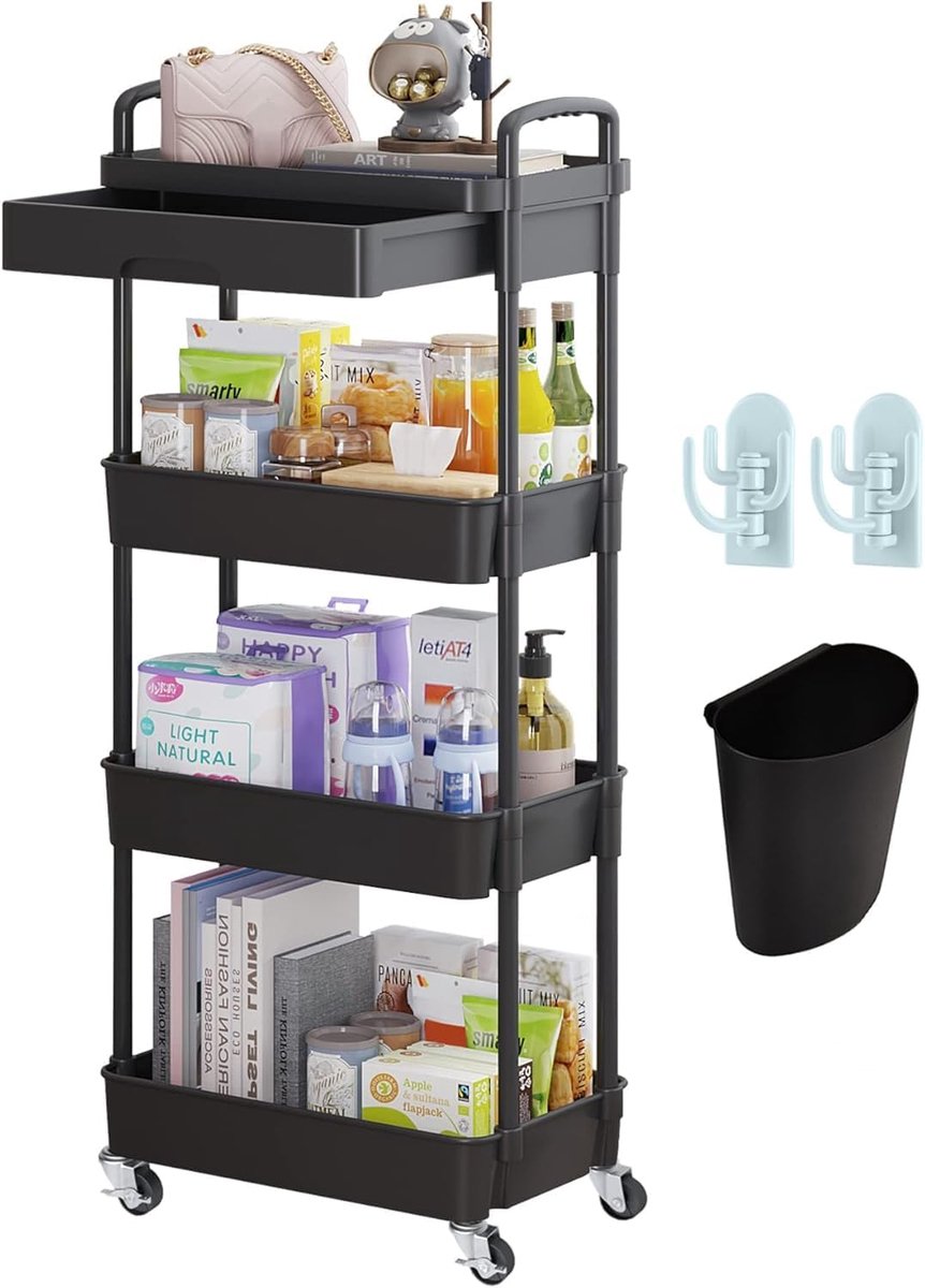 SnelShoppen - 3/4 Laags Serving Trolley, Keuken Trolley met Wielen, Multifunctionele Opbergtrolley, Boekenkar met Lades, Zwart Plastic, Ideaal voor Ke