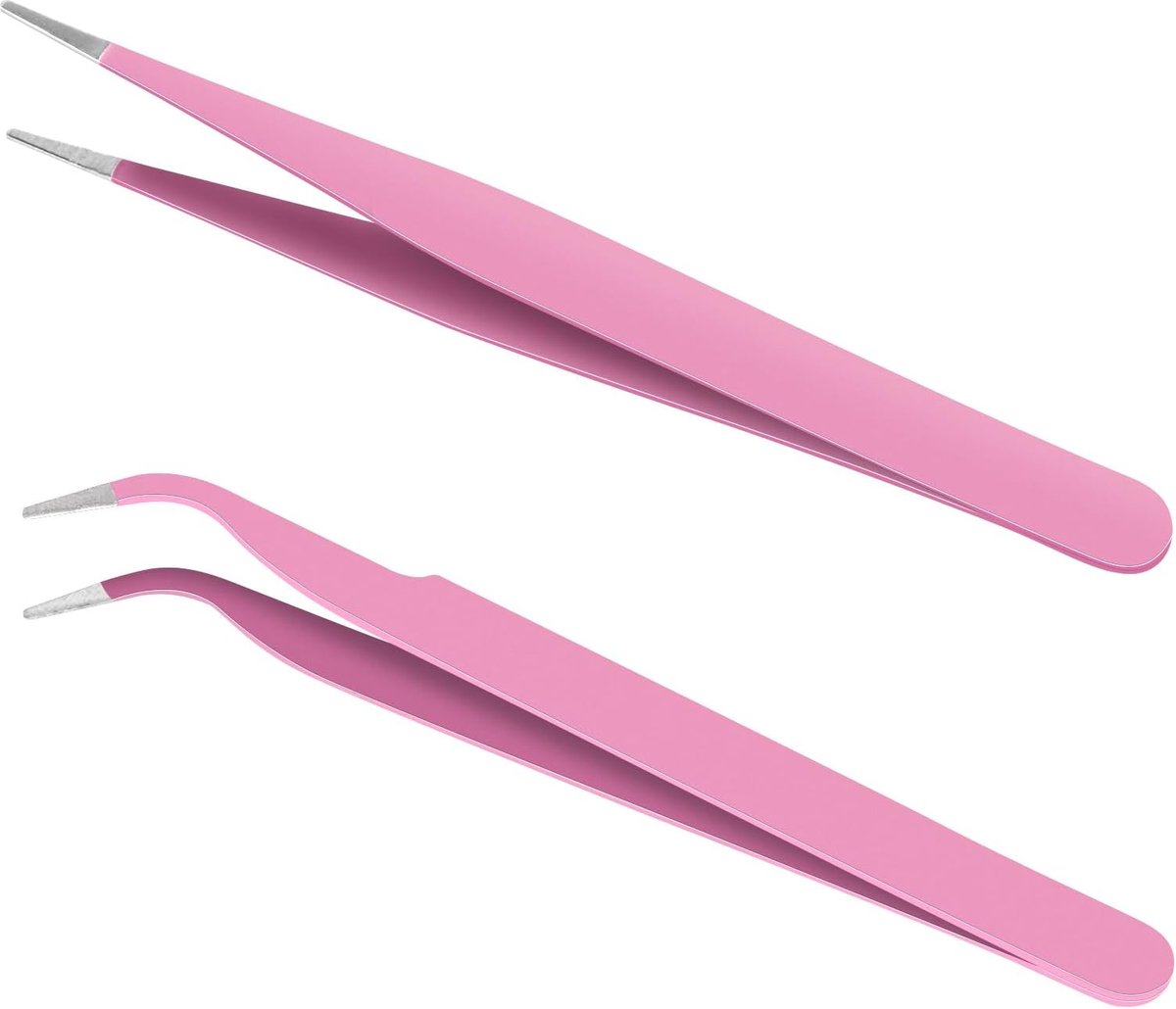 SnelShoppen - Precisie Pincet Set 2 Stuks - Anti-statische RVS Pincetten voor Wimperextensions en Nagelkunst - Recht en Gebogen Tips - Roze - Draagbaa