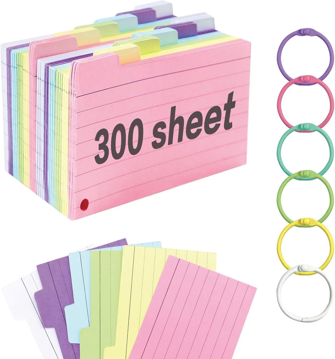 Indexkaarten set - Linieerde kaarten - Studeren en notities - Met metalen ring - 300 stuks A7 - 6 kleuren