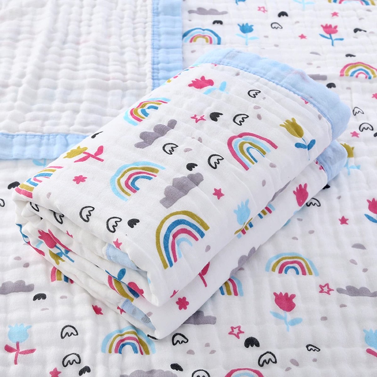 Omgoods - Mousseline Baby Deken 6-Laags - 110x110cm - Katoen - Zacht en Ademend - Bloemen Blauw