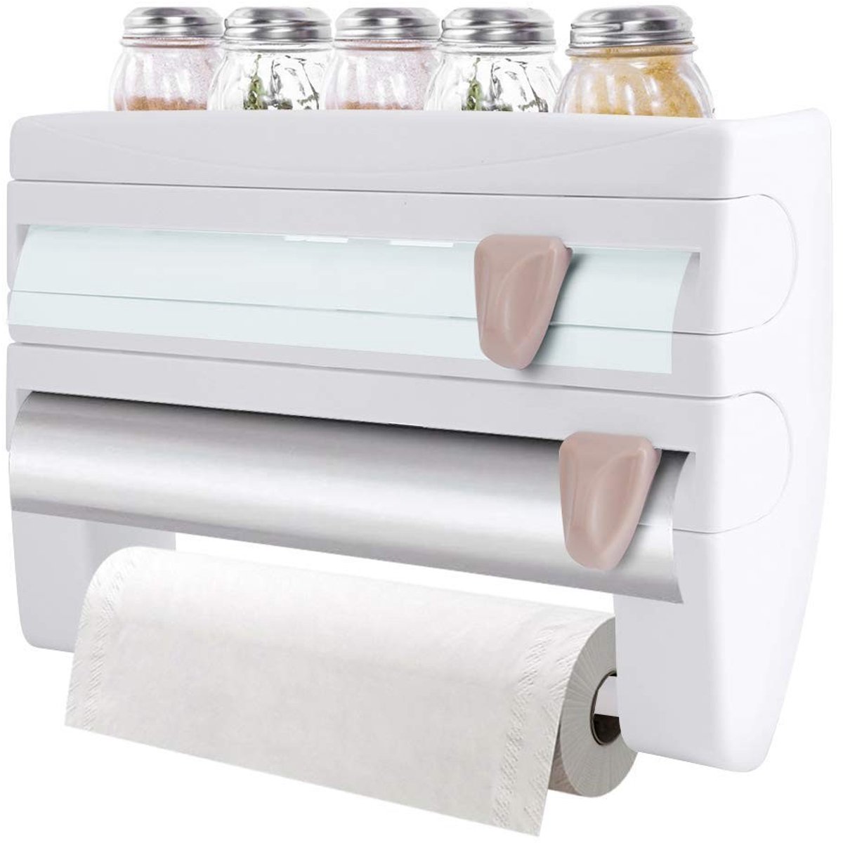 Omgoods- Keukenrolhouder met kruidenrek - Wandmontage - Ruimtebesparend - Flexibel inzetbaar - Modern design - 39 x 10 x 24 cm - Rolhouder