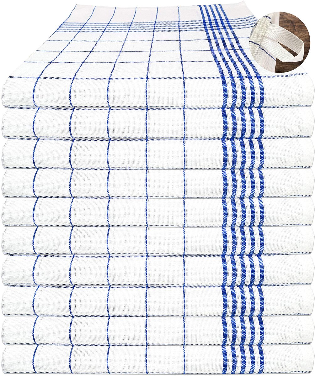 Omgoods - Set van 10 Keukenhanddoeken 100% Katoen, Blauw en Wit Geruit 50 x 70 cm