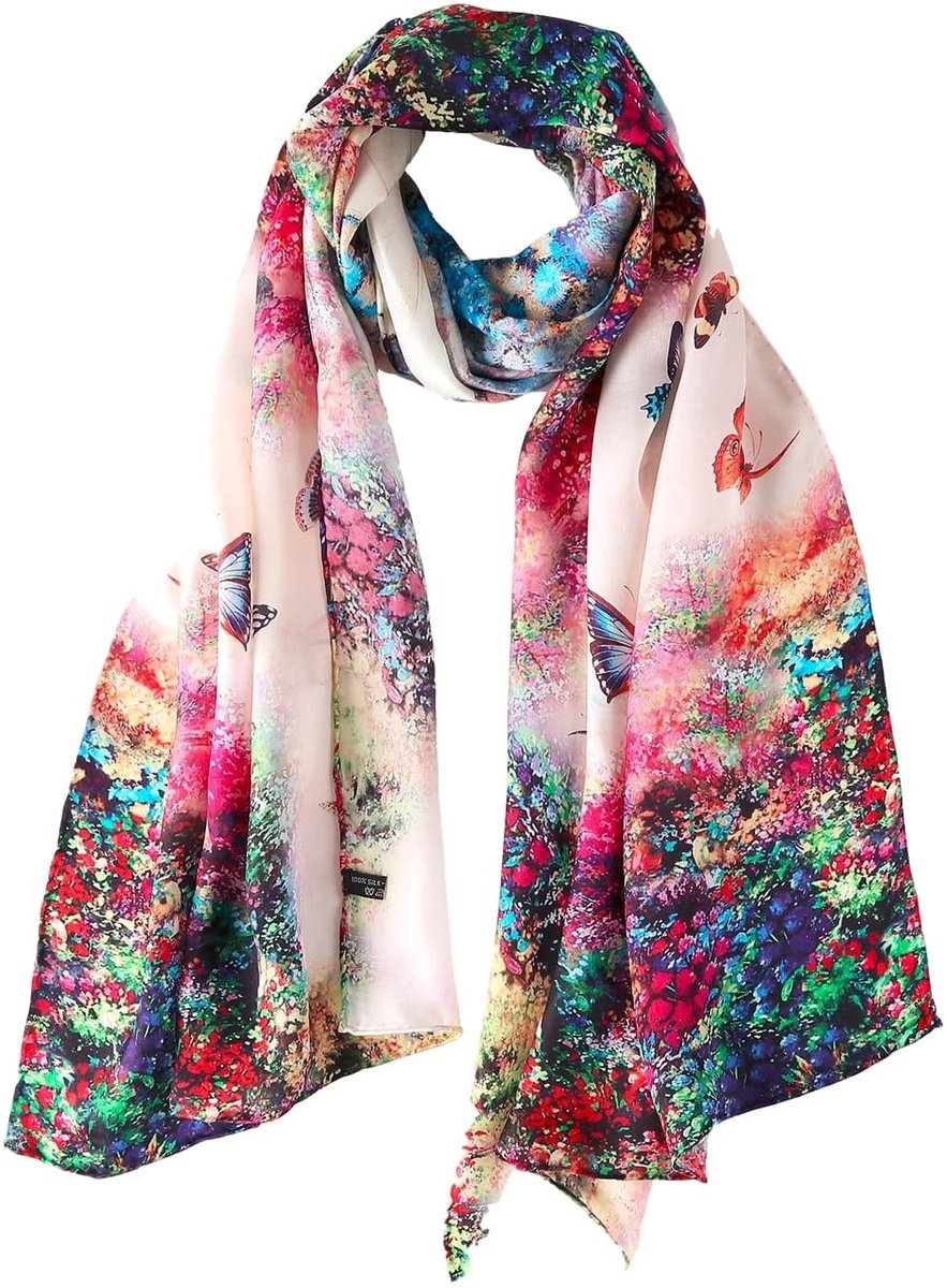 Omgoods - Lange Charmeuse Zijden Sjaal met Bloemenprint