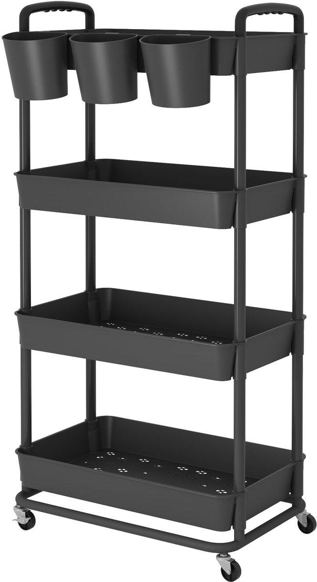 Omgoods - 4-Tier Plastic Opbergwagen met Extra Hangbekers en Slotbare Wielen