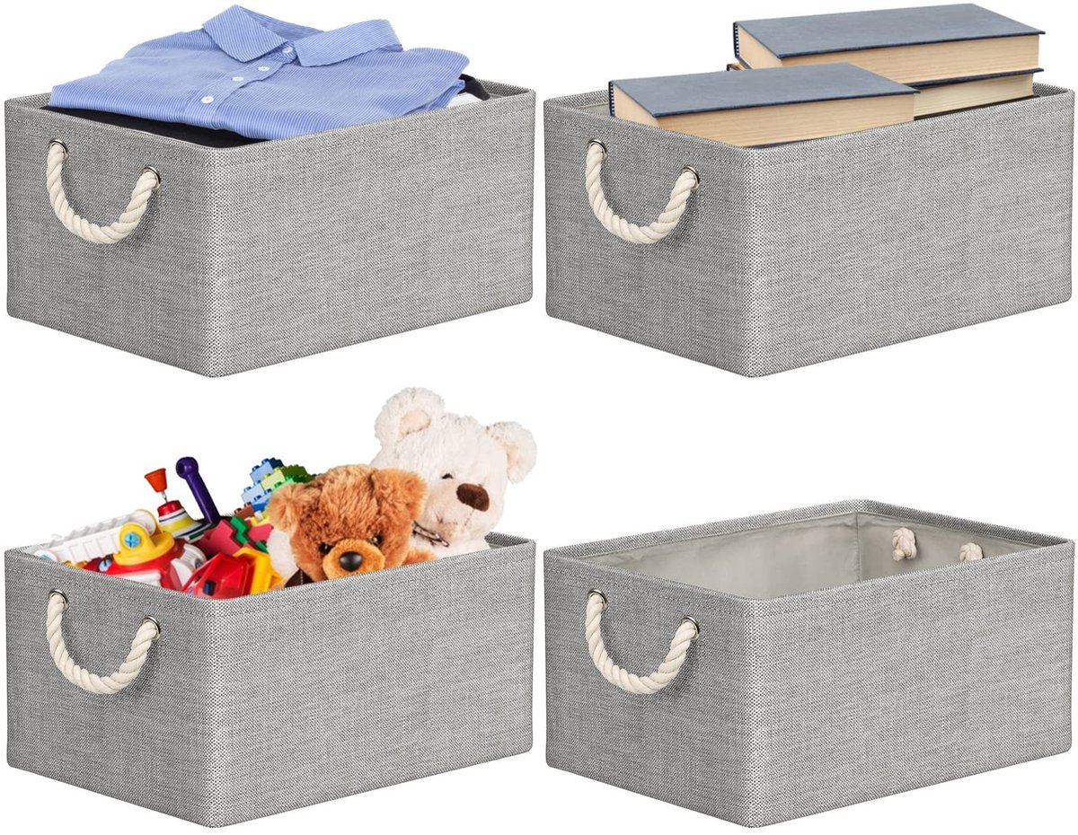 Omgoods - Opbergdozen - Set van 4 opbergdozen - Opvouwbaar en met handgrepen - Grijs - Kleding en speelgoed - Perfect voor kinderen - 40 x 30 x 20 cm