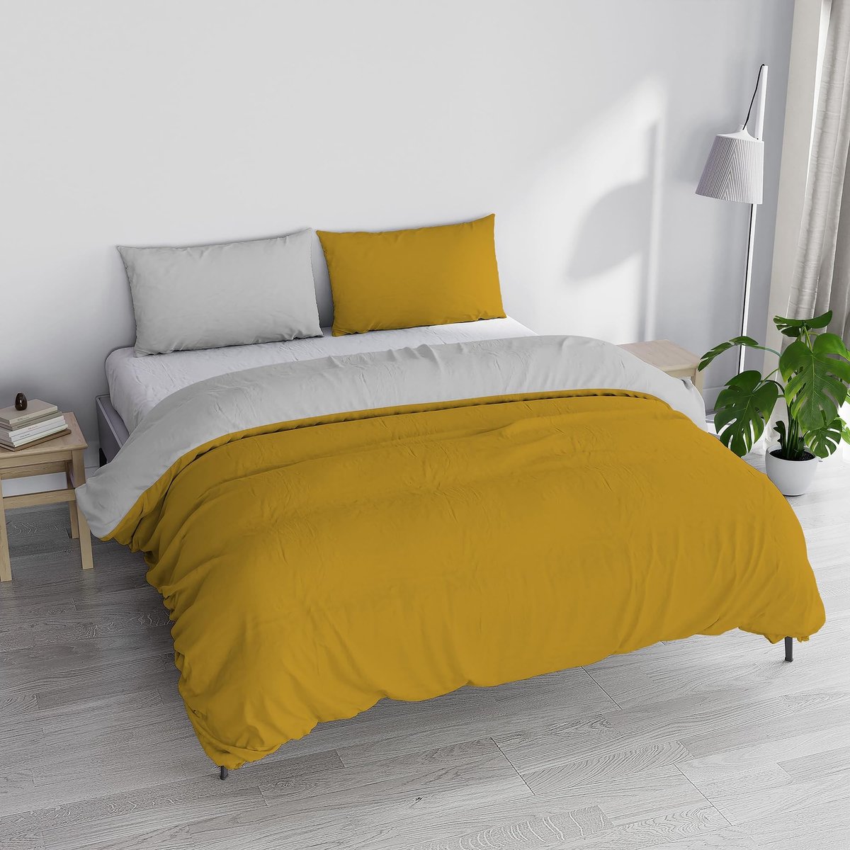 Omgoods - Italiaanse Beddegoedset 'Natuurlijke Kleur' - Mosterdgeel/Lichtgrijs, Tweepersoons