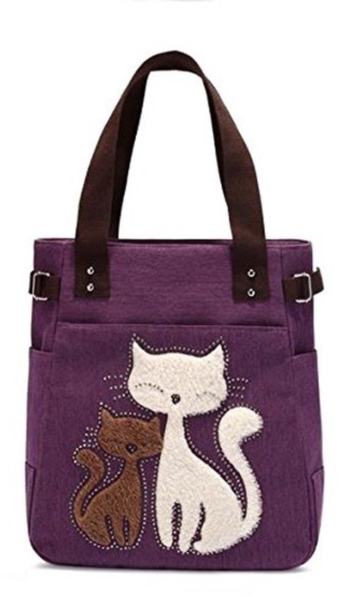 Omgoods - Canvas Schoudertas met Kat Borduurwerk en Rits