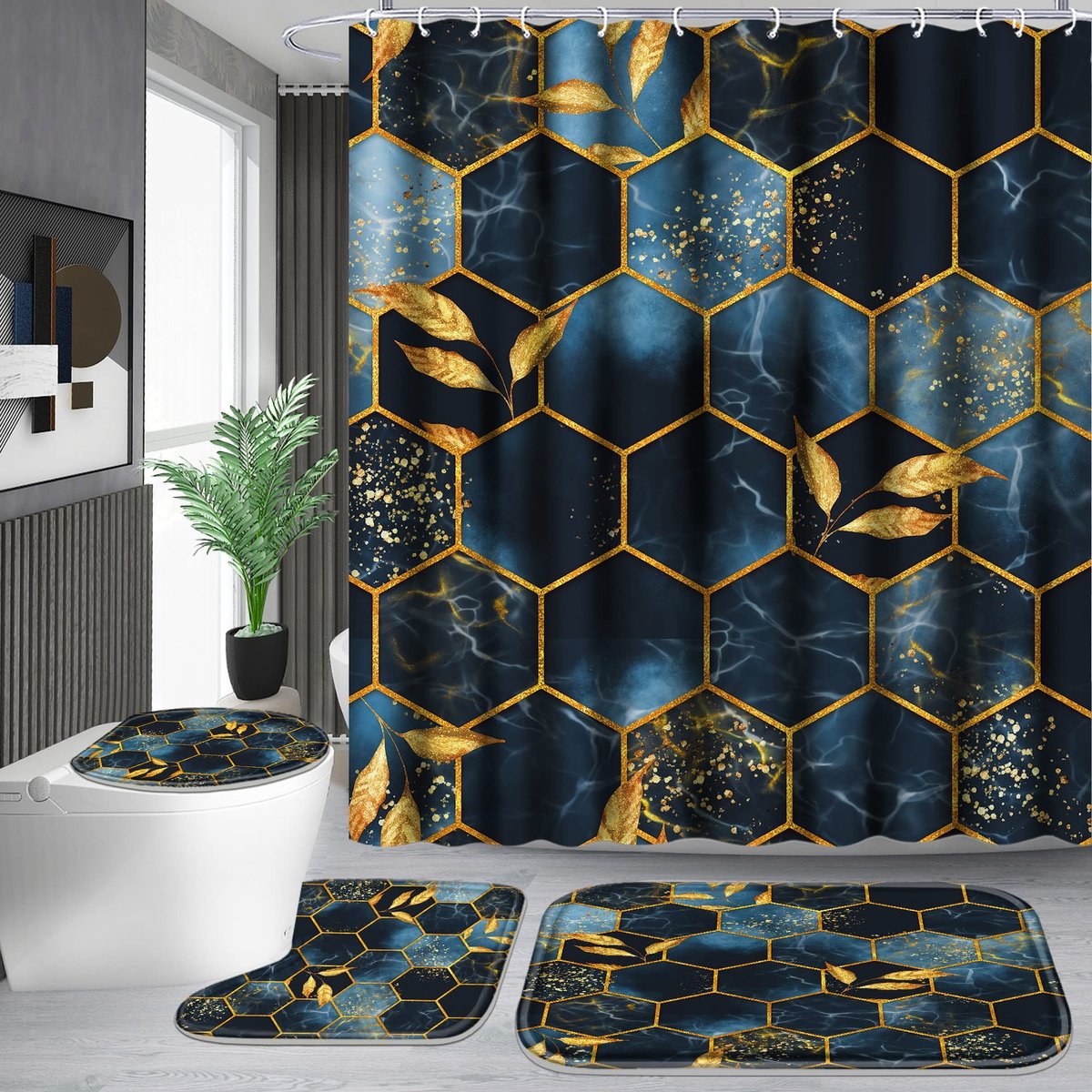 Omgoods - Kerst Shower Curtain Set - Honingraat Navy Blauw