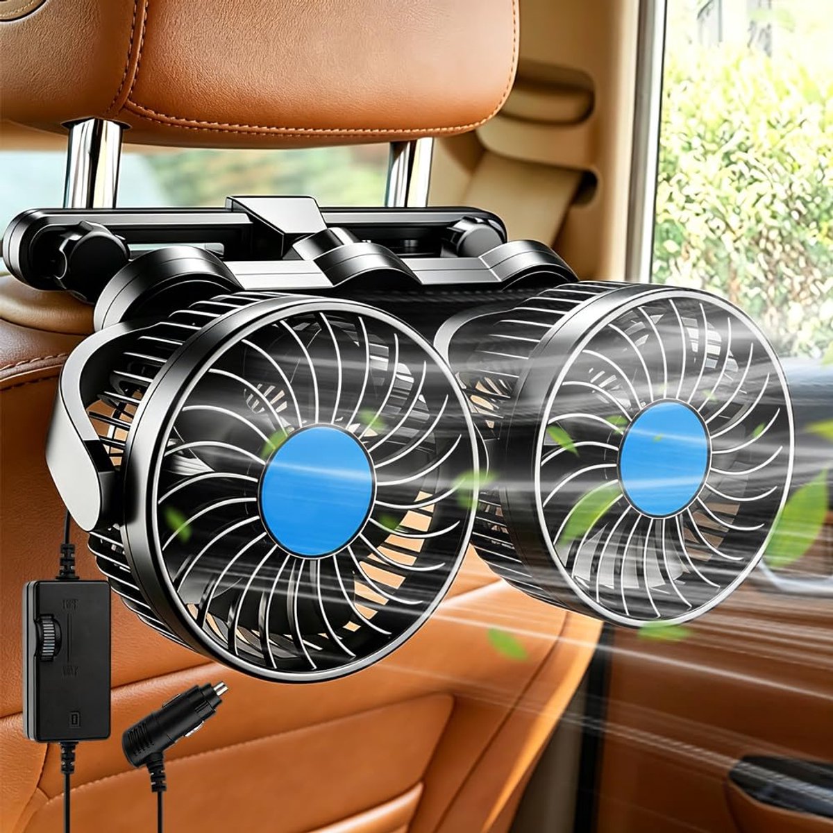 SnelShoppen - LYPPUL Autoventilator Achterbank 12V, Draagbare Koelventilator met 3 Snelheden, Dubbele Ventilator voor Vrachtwagen, Camper, Caravan, 36