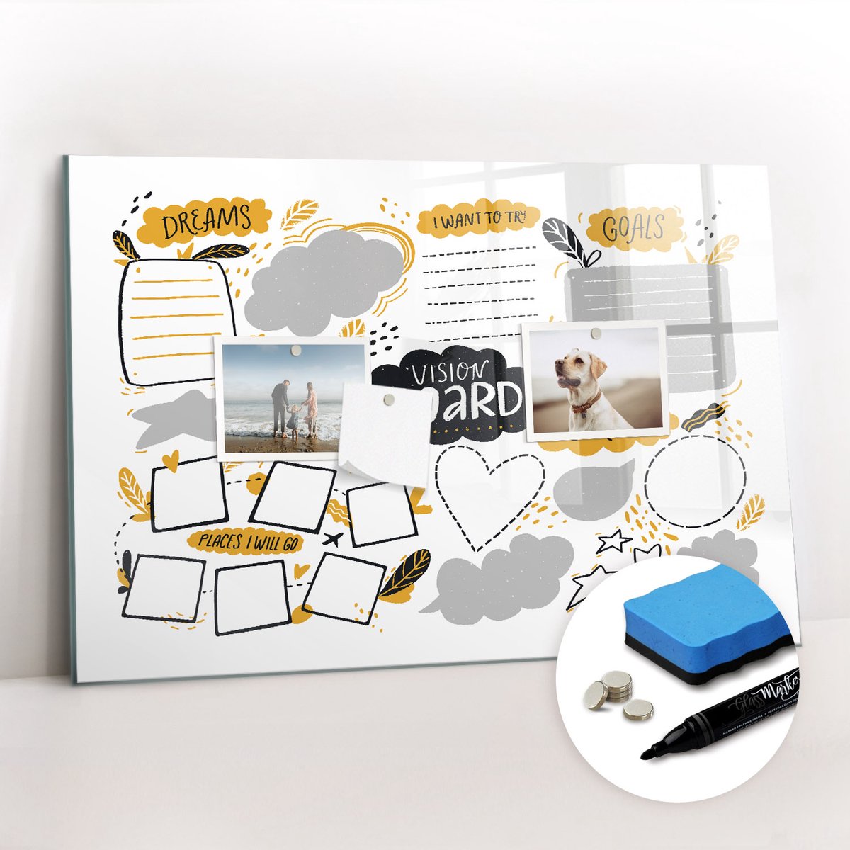 Tulup Whitebord - Nieuwjaarsdoelen - 60 x 40 cm - Wit Magnetic Board - Gratis 5 Sterke Magneten + Whiteboard Marker & Wisser - Stylish Memo Board - Magnetisch Bord - Planning Muur