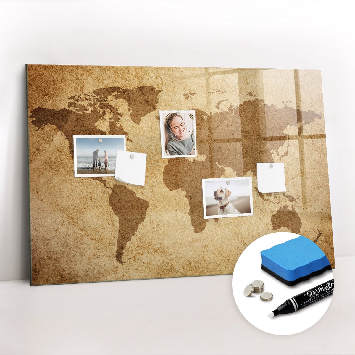 Tulup Whitebord - Vintage wereldkaart - 90 x 60 cm - Bruin Memobord Keuken - Gratis 5 Sterke Magneten + Whiteboard Marker & Wisser - Minimalistisch Prikbord - Memo Magneetbord - Planning Muur