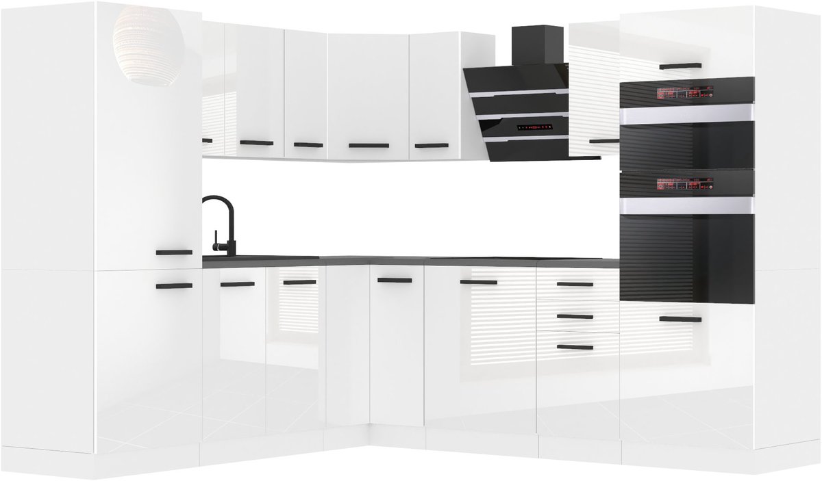 BELINI L-Vorm Keukenblok STACY - Keukenmeubel Set 420 cm Wit Hoogglans zonder Werkbladen - Boven- en Onderkasten