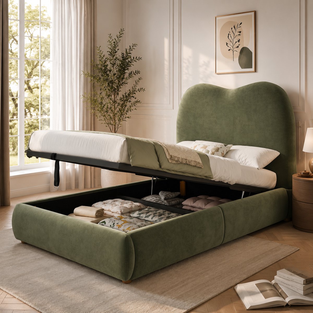 Kinderbed 90x200 cm - Gestoffeerd Velvet Bed Met Opbergruimte En Hydraulische Opslag Groen
