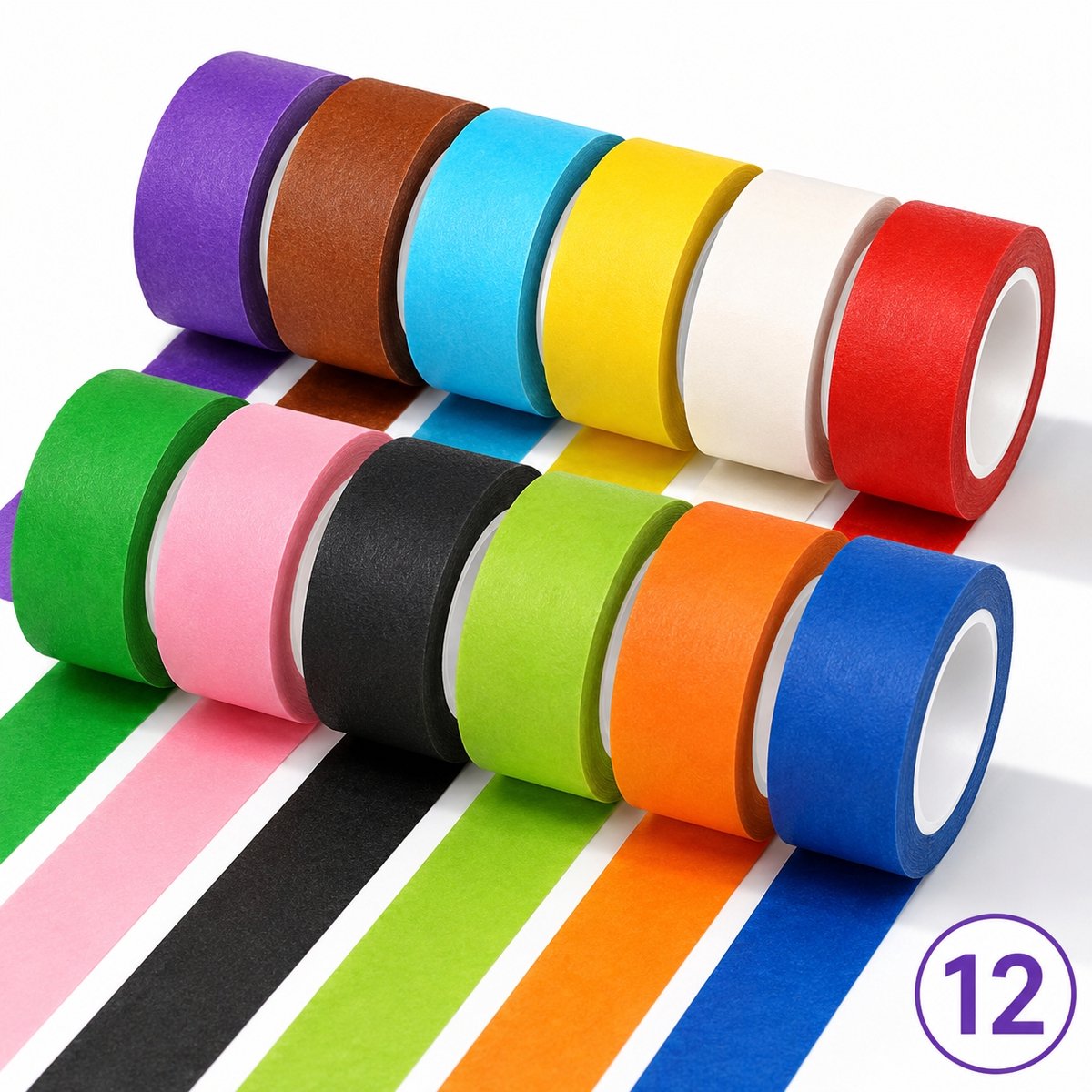 12 Rollen - Gekleurde Schilderstape Set - Afplaktape - Beschrijfbaar & Zonder Lijmresten - 23 mm x 13 m - voor kinderen, etikettering, knutselen, DIY, decoratie, lesmateriaal - Multicolor