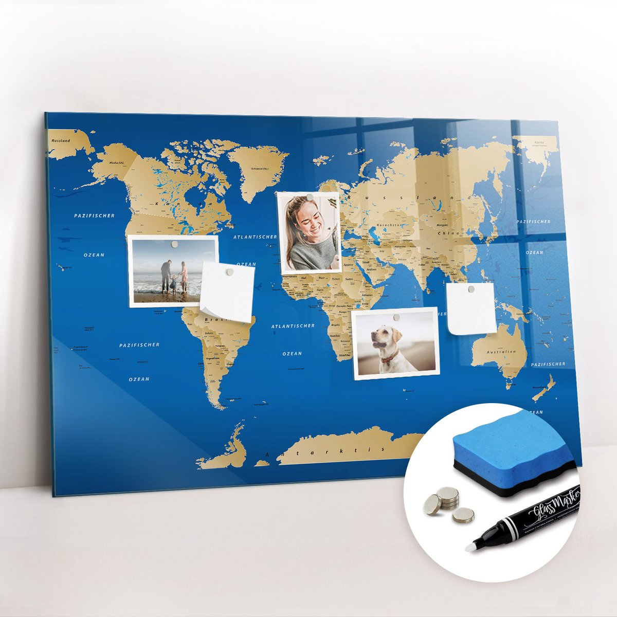 Tulup Whitebord - Wereldlanden - 90 x 60 cm - Geel Magnetisch Bord - Gratis 5 Sterke Magneten + Whiteboard Marker & Wisser - Design Memobord - Foto Magneetbord - Ideeënbord Thuiswerkplek