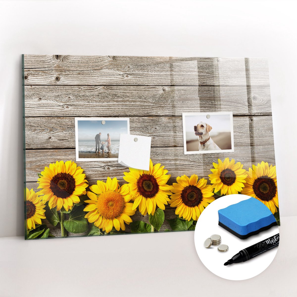 Tulup Whitebord - Zonnebloemen - 60 x 40 cm - Veelkleurig Memobord Glas - Gratis 5 Sterke Magneten + Whiteboard Marker & Wisser - Minimalistisch Prikbord - Magnet Board - Planning Muur