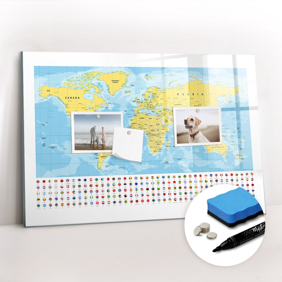 Tulup Whitebord - Wereldkaart en vlaggen - 60 x 40 cm - Veelkleurig Magneetbord Rechthoekig - Gratis 5 Sterke Magneten + Whiteboard Marker & Wisser - Design Memobord - Magnet Board - Productiviteit Tools