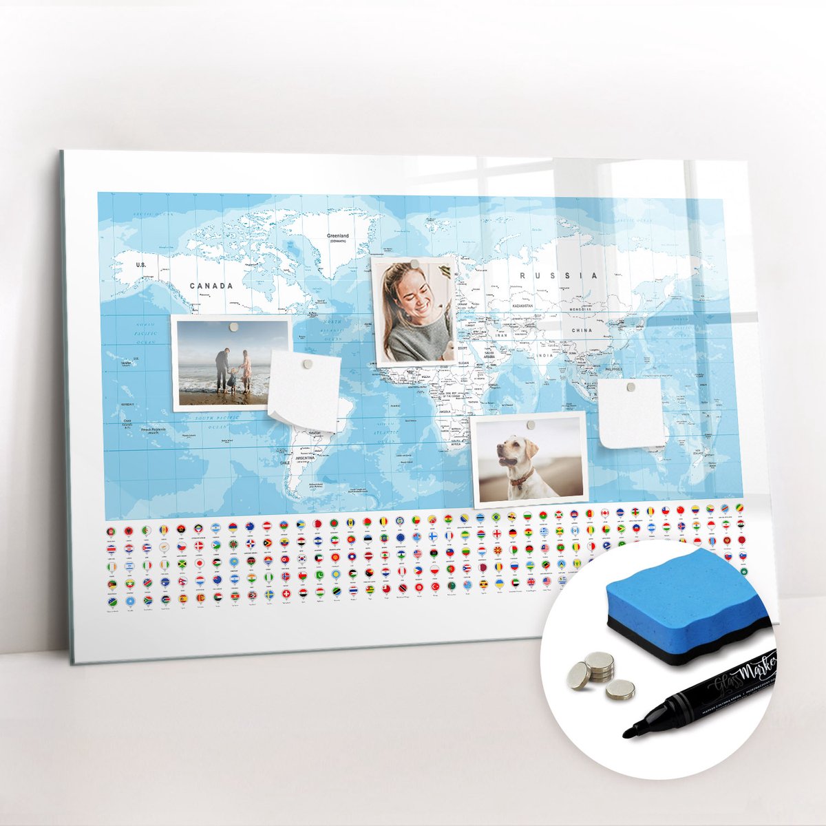 Tulup Whitebord - Illustratie van een kaart van de continenten - 90 x 60 cm - Blauw Magnetic Board - Gratis 5 Sterke Magneten + Whiteboard Marker & Wisser - Wanddecoratie Kantoor - Memobord Magnetisch - Inspiratiebord Kantoor