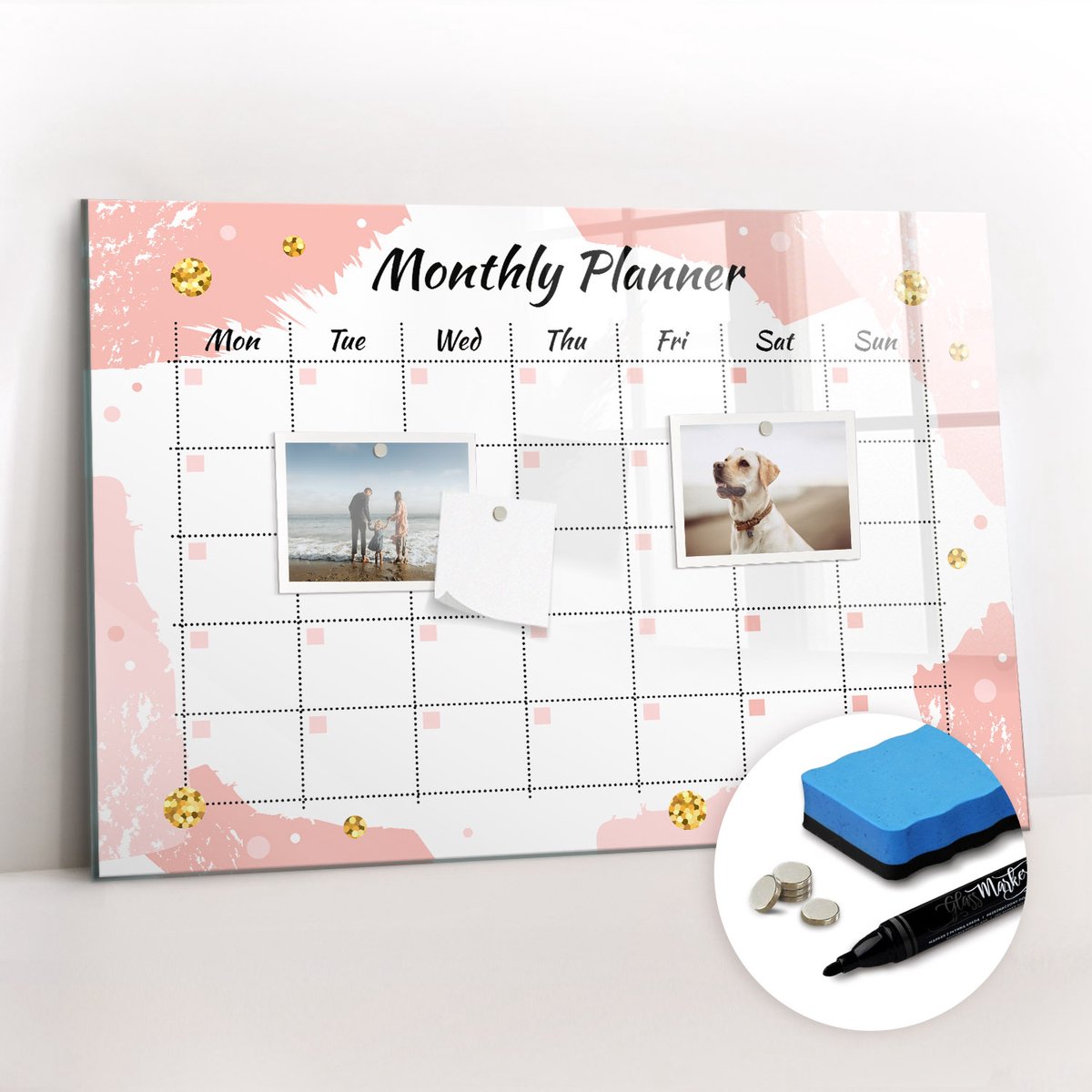 Tulup Whitebord - Klassieke maandplanner - 60 x 40 cm - Roze Magnetisch Memobord - Gratis 5 Sterke Magneten + Whiteboard Marker & Wisser - Design Memobord - Memo Magneetbord - Productiviteit Tools