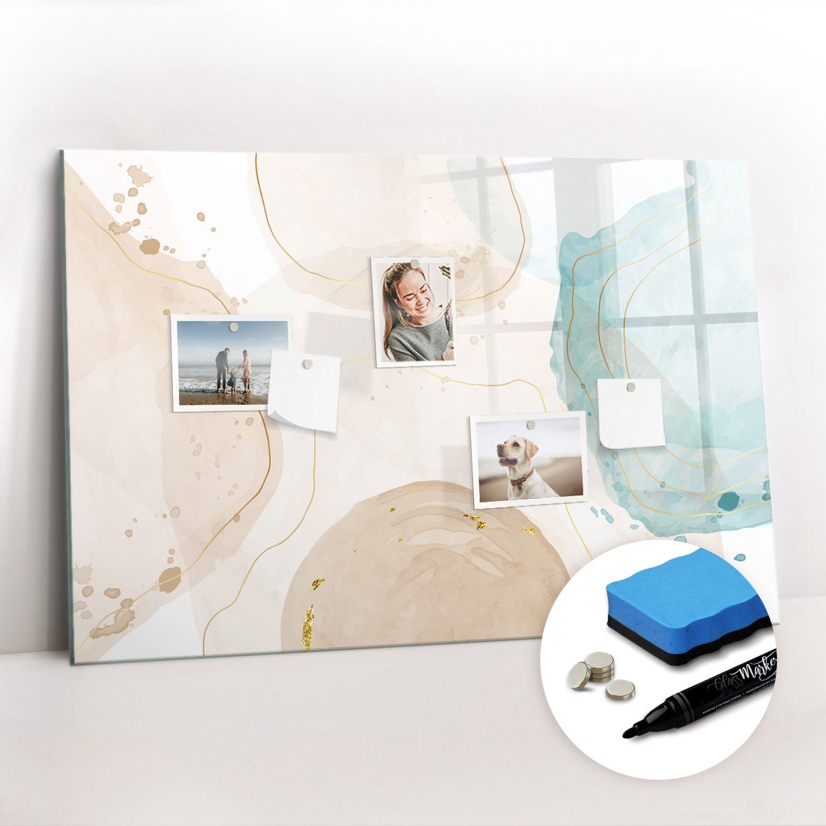 Tulup Whitebord - Aquarelvlekken - 90 x 60 cm - Veelkleurig Magnetic Board - Gratis 5 Sterke Magneten + Whiteboard Marker & Wisser - Moderne Wanddecoratie - Memobord Glas - Organiseer Je Bureau