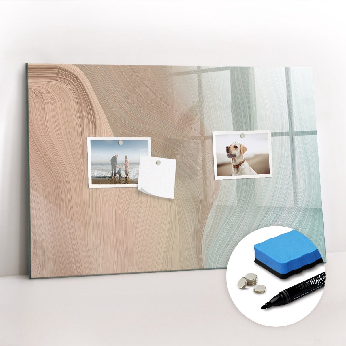 Tulup Whitebord - Golfabstractie - 60 x 40 cm - Veelkleurig Memobord Glas - Gratis 5 Sterke Magneten + Whiteboard Marker & Wisser - Wanddecoratie Kantoor - Magneetbord Rechthoekig - Inspiratiebord Kantoor