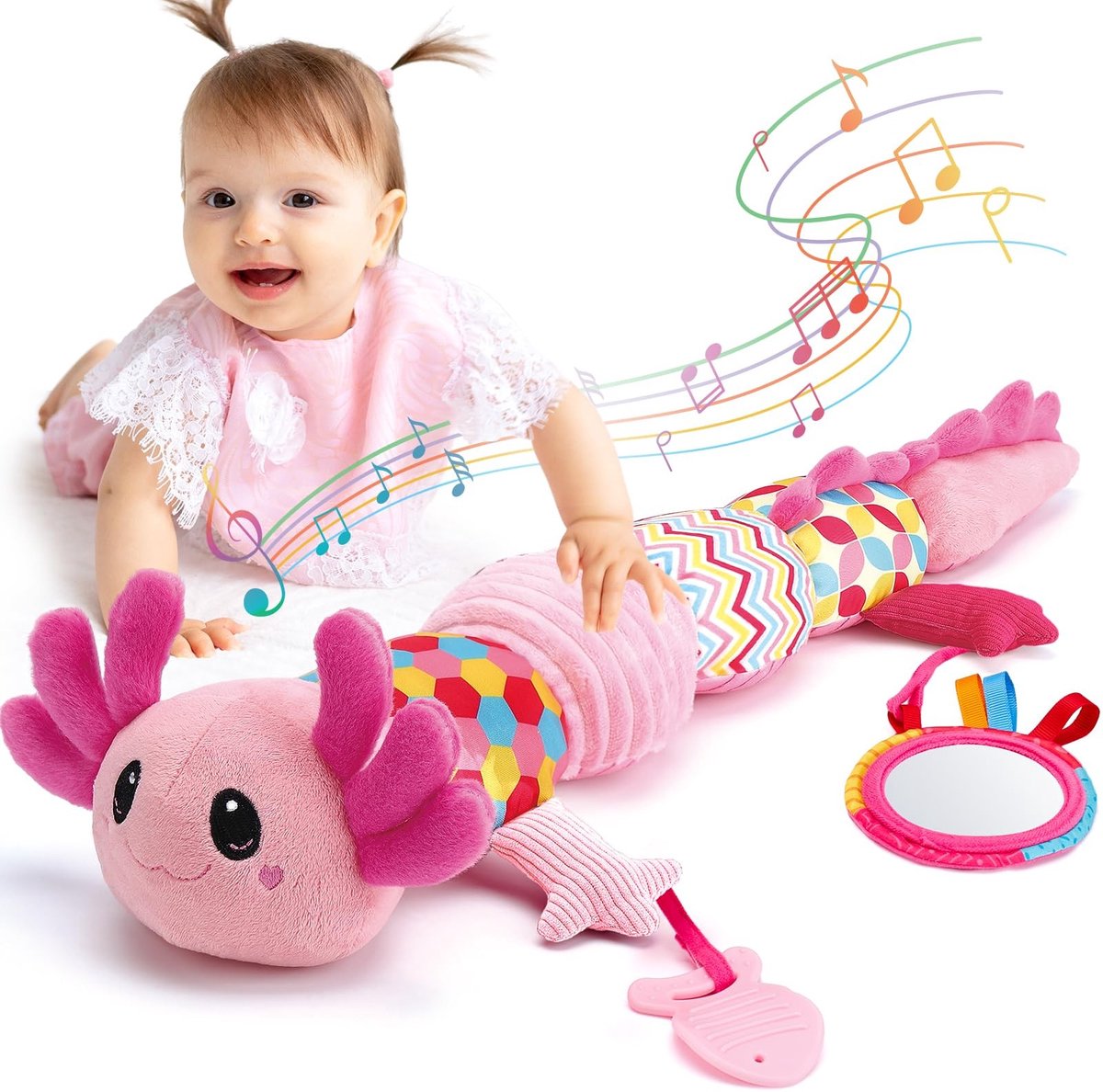 Omgoods - Muzikale Axolotl Knuffel met Rammelaar en Spiegel voor Baby's