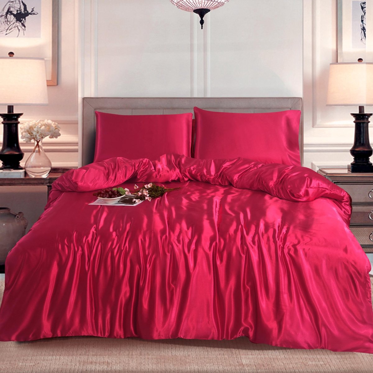 Omgoods - Luxe Zijde Satijnen Dekbedovertrek met Kussenslopen - Fuchsia, Eenpersoons