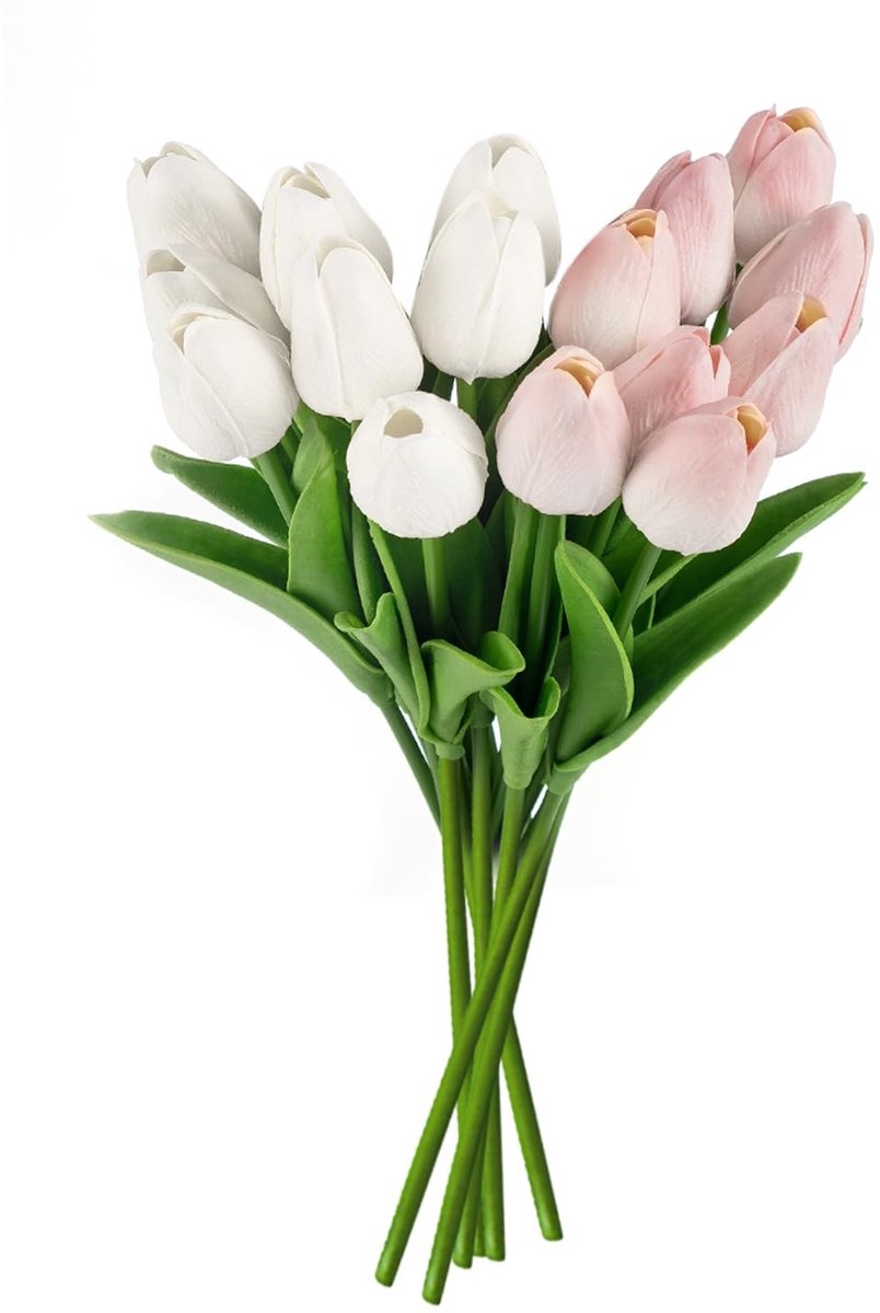 Omgoods - Kunsttulpenboeket - Decoratie - 16 Stuks - Wit en Lichtroze - Bruiloftsbloemarrangement - Perfect voor Binnen